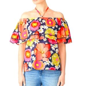 Trina Turk Pink and Orange Short Sleeve Tie Front Ruffled Blouse